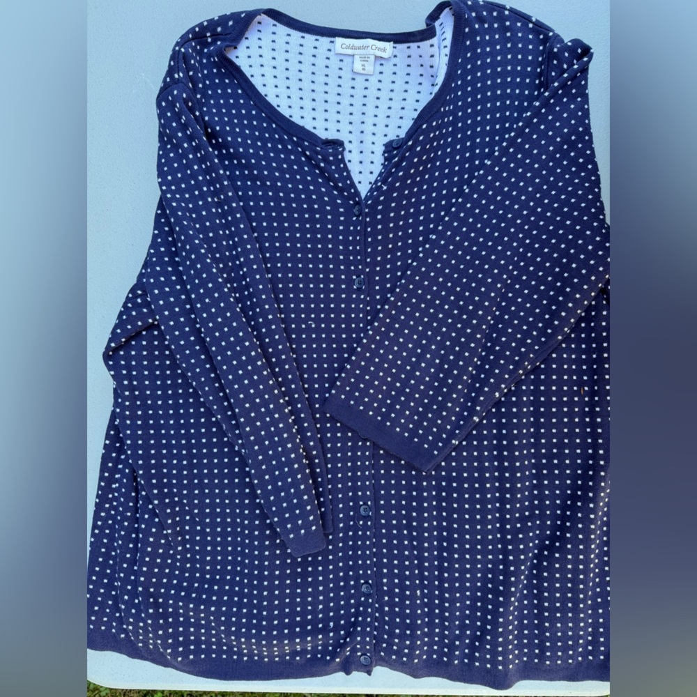 Blue and white polka dotted cardigan